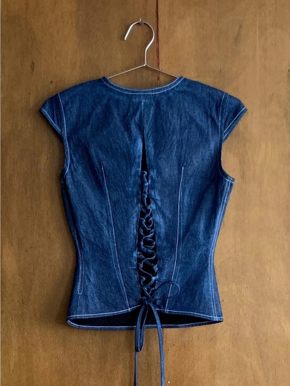 Lace-Up Denim Corset Crop Top in Dark Blue